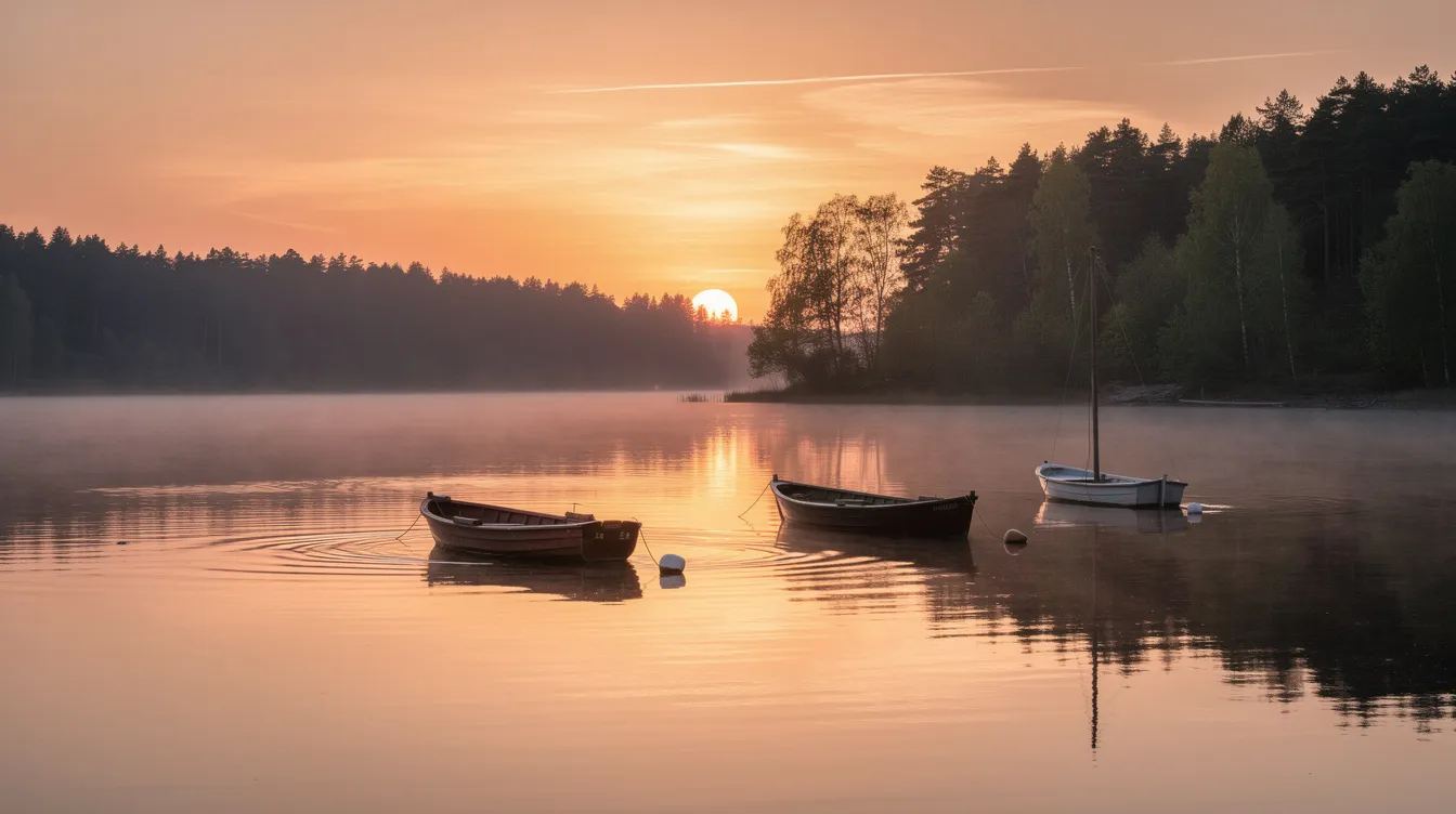 Misty lake at sunrise with three small boats and a glowing orange sky