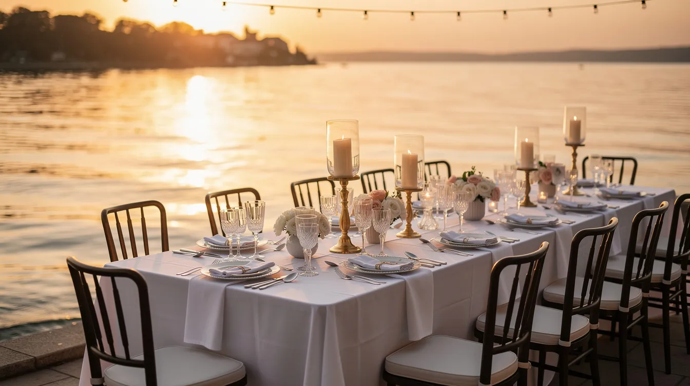 An elegant outdoor dining table is beautifully set with white linens and flickering candles, positioned beside the calm waters of Lake Hopatcong, creating a perfect waterfront venue for private events such as birthday parties or special occasions. The serene atmosphere and breathtaking view make it an ideal location for memorable gatherings.