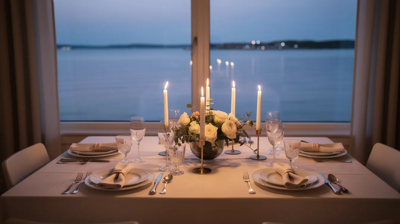 The image depicts an elegantly set dinner table adorned with flickering candles, positioned near a window that offers a serene view of the water. This intimate gathering space serves as a perfect venue for private events, creating a memorable atmosphere for special occasions.
