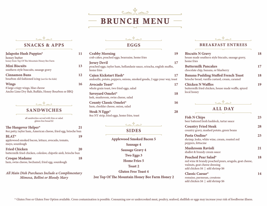 Brunch menu on a white page with sections for snacks, sandwiches, eggs, sides, bakery, and all-day items