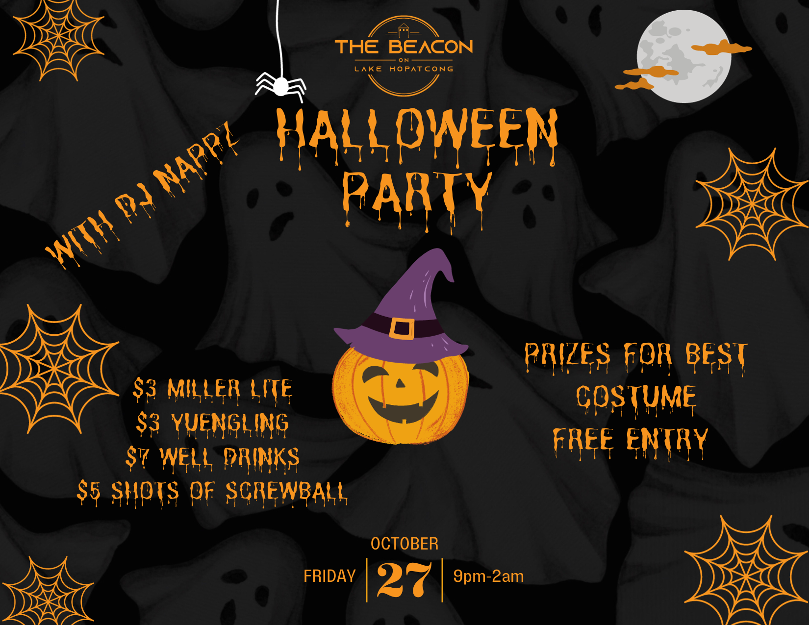 Halloween party flyer with orange ghost and spiderwebs, listing food, prizes, and free entry.