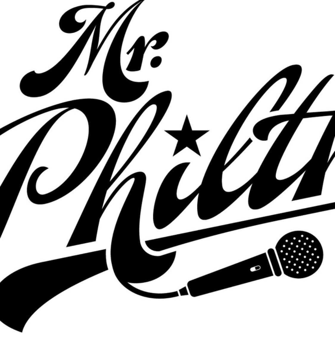 Stylized black-and-white “Mr. Phil” logo with a microphone and star