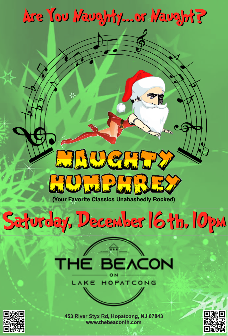 Holiday concert poster for Naughty Humphrey at The Beacon, Lake Hopatcong, with Santa-clad guitarist and green background