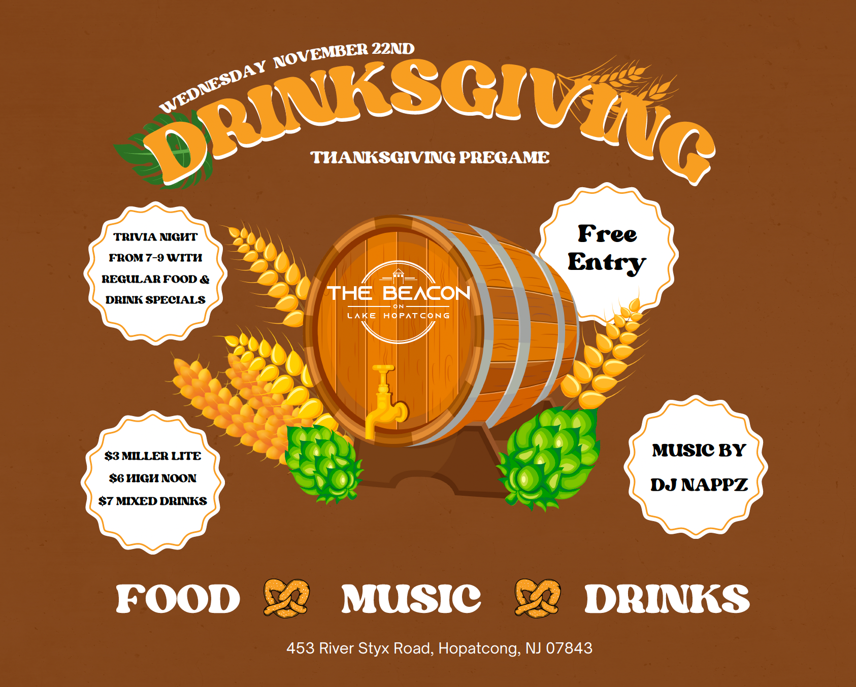 Orange Thanksgiving beer festival poster with hops, wheat, pumpkins, and event details about food, music, and drinks