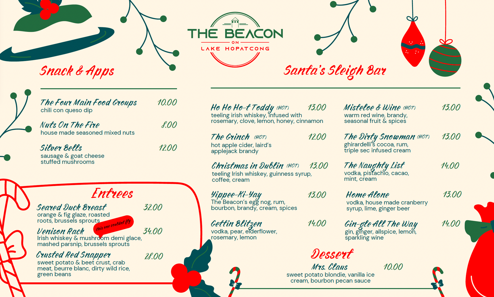 Christmas menu with red and green holiday decor, featuring appetizers, entrees, and desserts from The Beacon