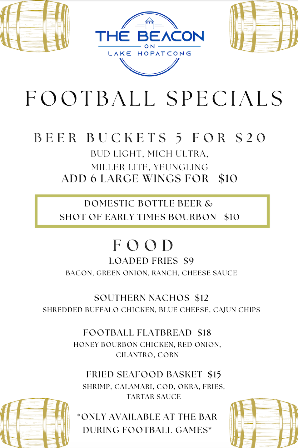 Football specials flyer for The Beacon, listing beer bucket and food deals on a white background
