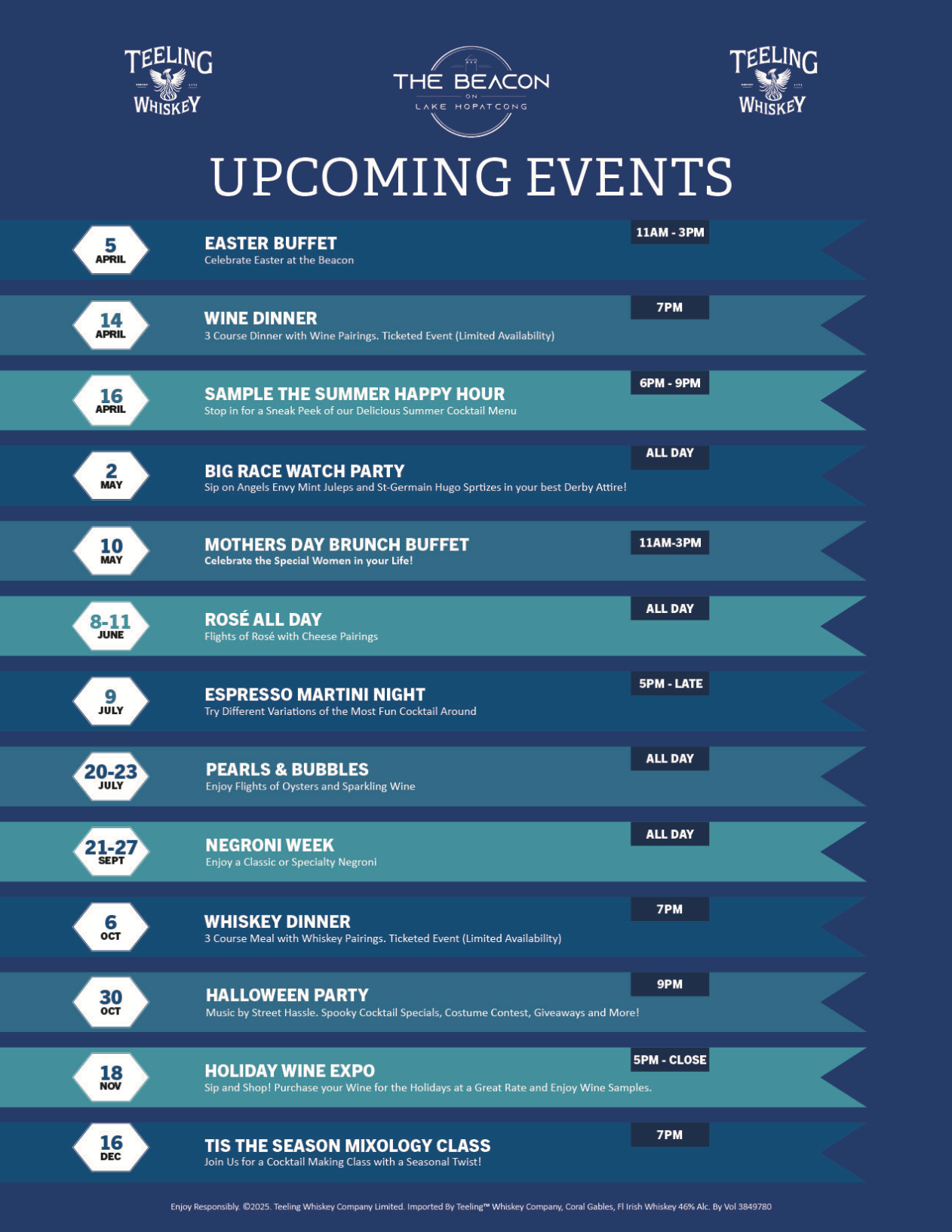 Blue poster listing upcoming events with dates and times in stacked rows.