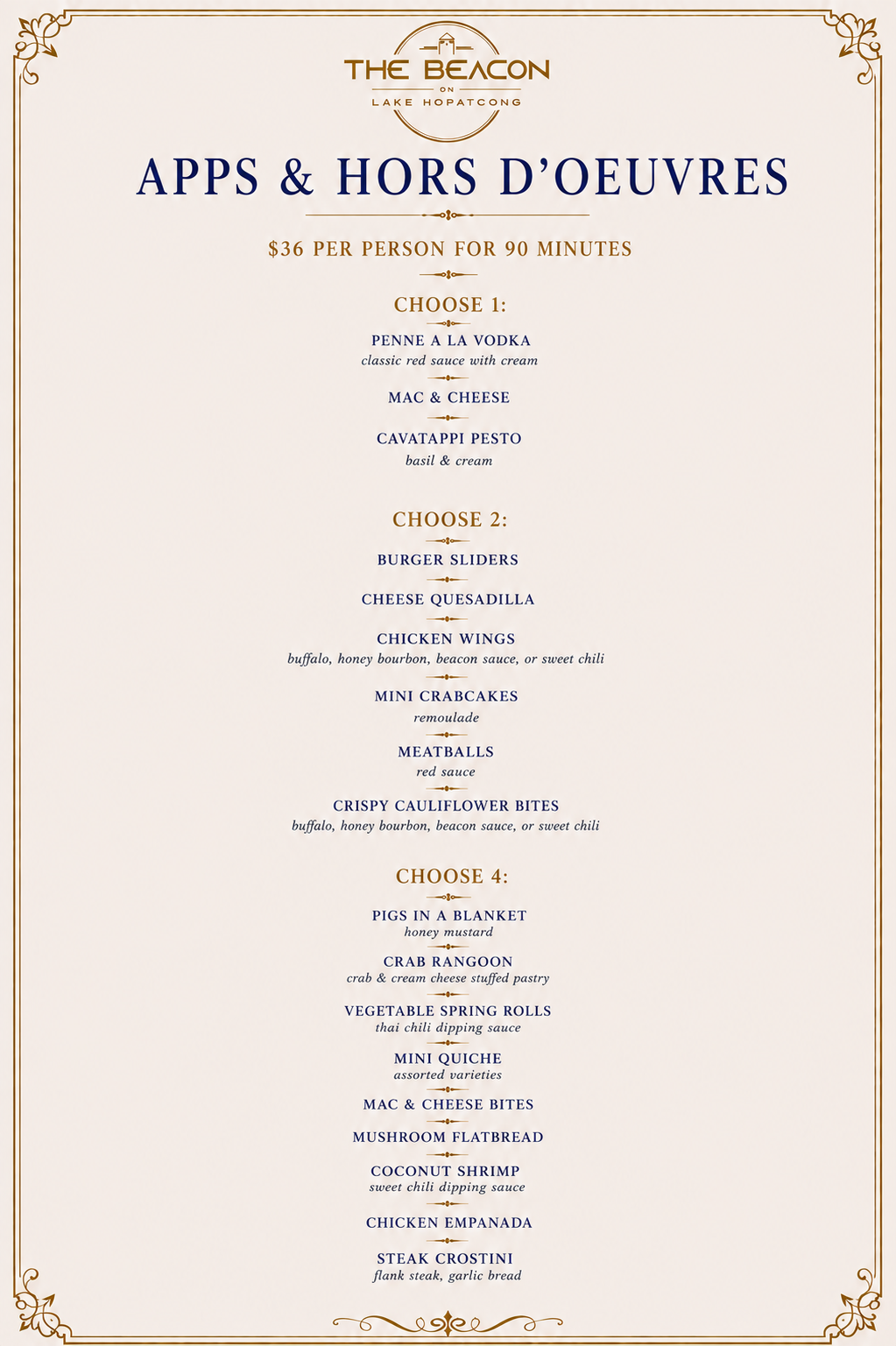 The Beacon Apps and Hors D'Oeuvres Menu
