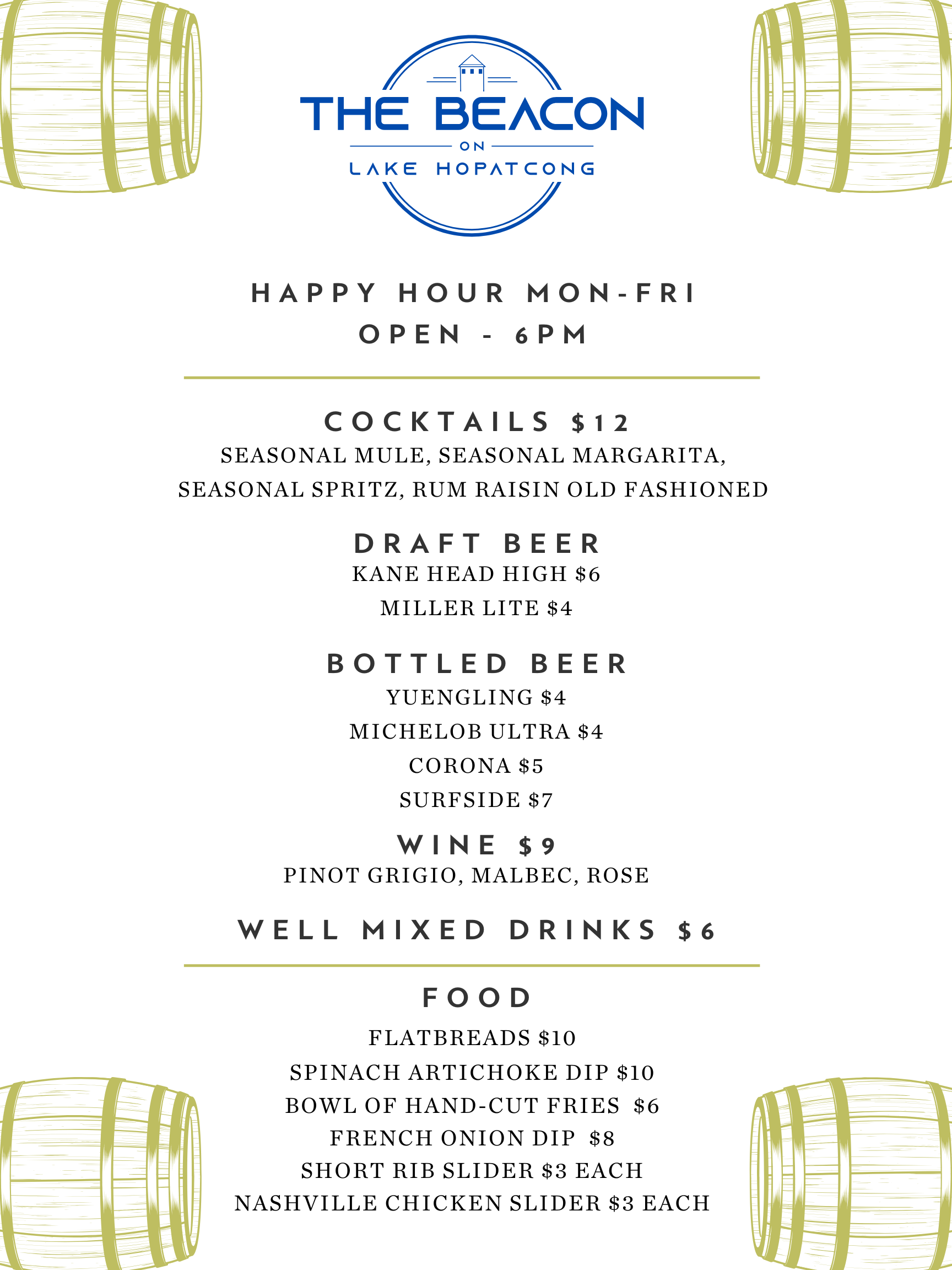 The Beacon happy hour menu with cocktails, draft beer, bottled beer, wine, well drinks, and food prices