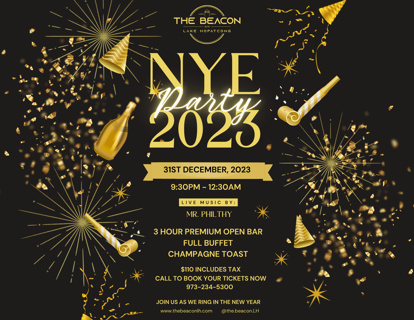 Black-and-gold NYE Party 2023 event poster with fireworks and champagne glasses, The Beacon.