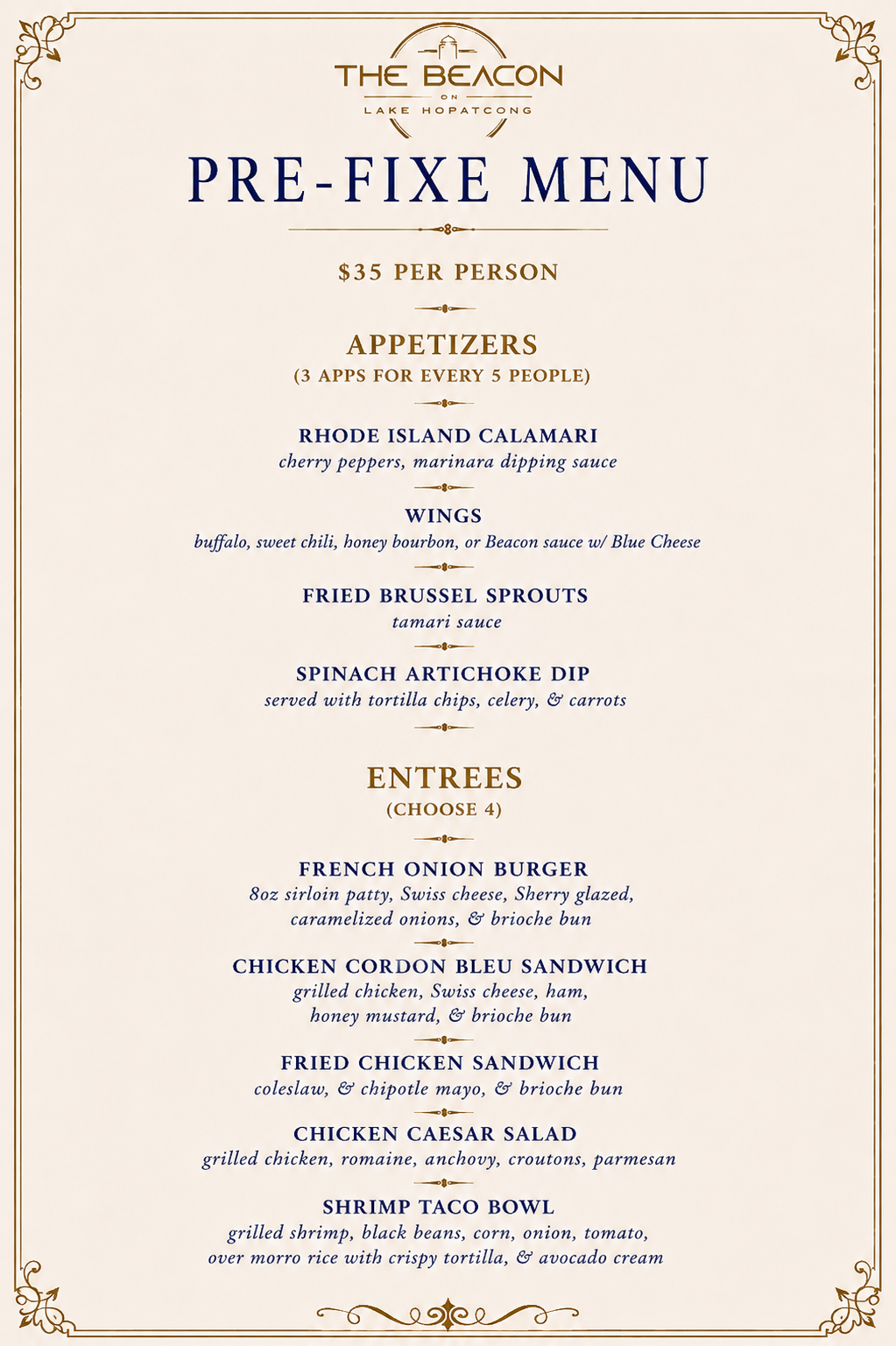 The Beacon Standard Pre-Fixe Menu