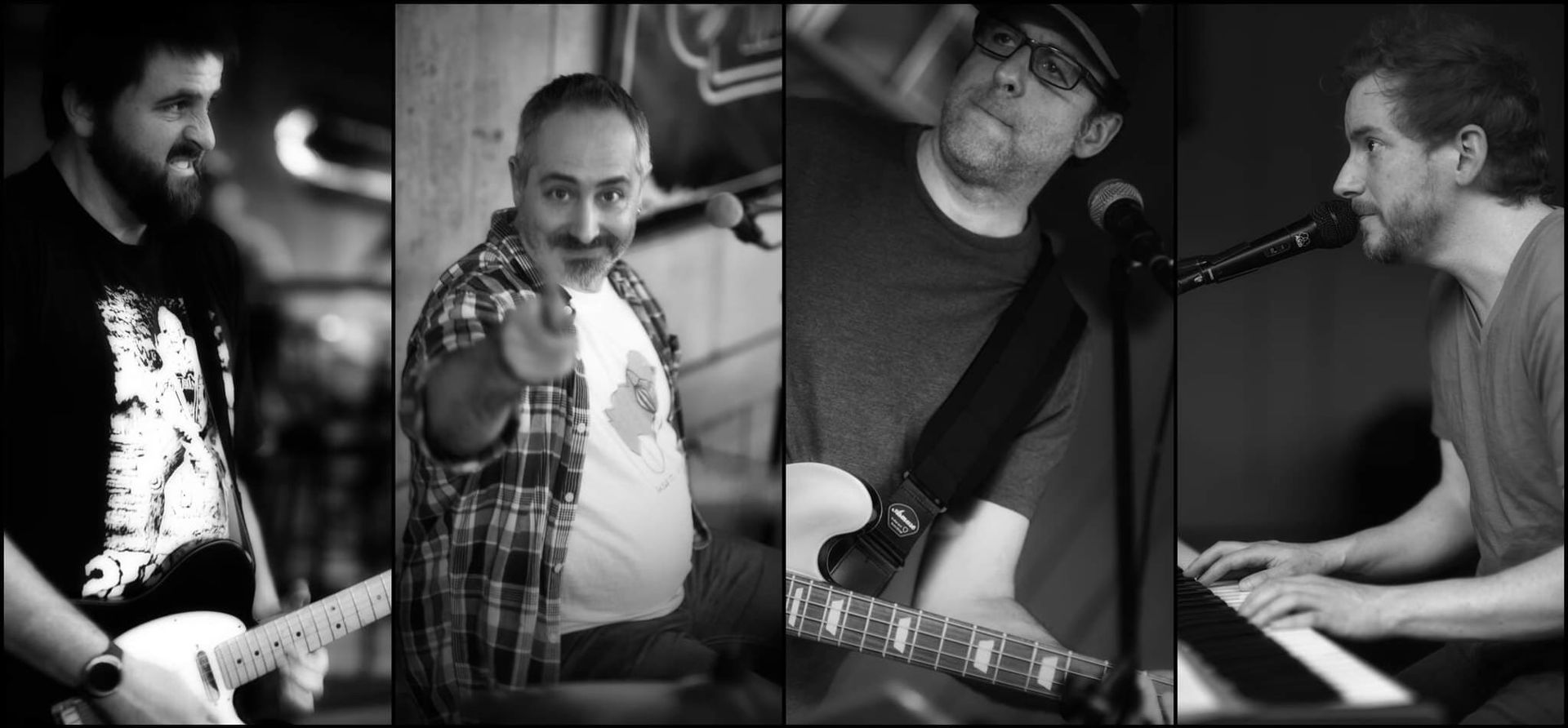 Black-and-white collage of four musicians performing with guitars and microphones onstage