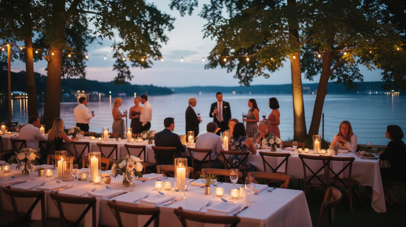 An elegant outdoor lakefront dining setup at dusk features beautifully lit tables adorned with candles, where guests mingle amidst the serene backdrop of trees framing the water. This scene captures the essence of a memorable event, ideal for corporate gatherings or private celebrations, showcasing exceptional service and delicious meal options.