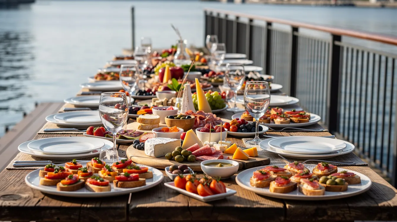 A long table is elegantly set up with beautifully arranged appetizer platters and small plates, positioned