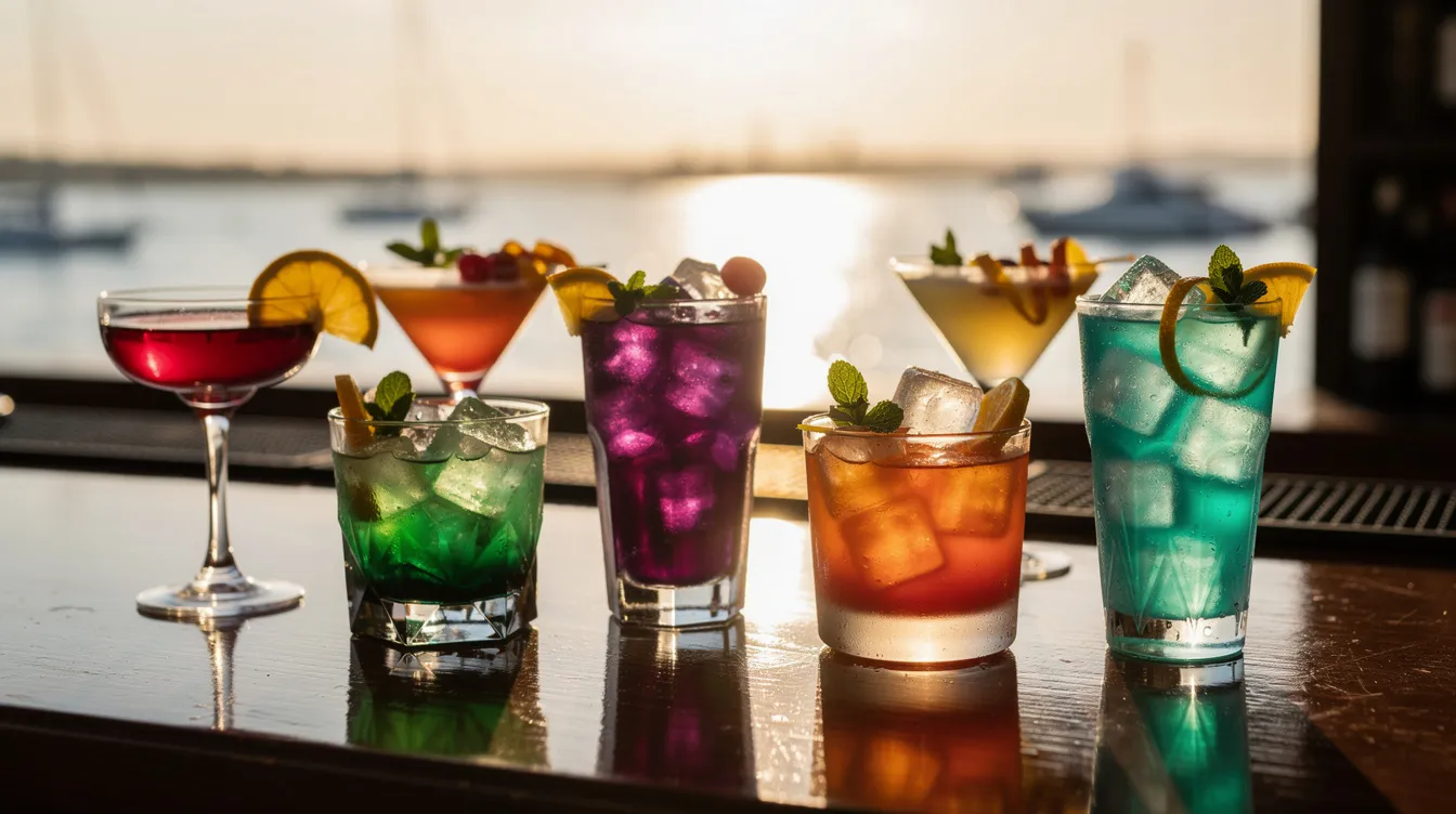 A vibrant array of craft cocktails is beautifully arranged on a bar counter, with a blurred waterfront view in the background, suggesting a perfect venue for private events like birthday parties or weddings at Lake Hopatcong, NJ. The colorful drinks create an inviting atmosphere for memorable occasions and gatherings.