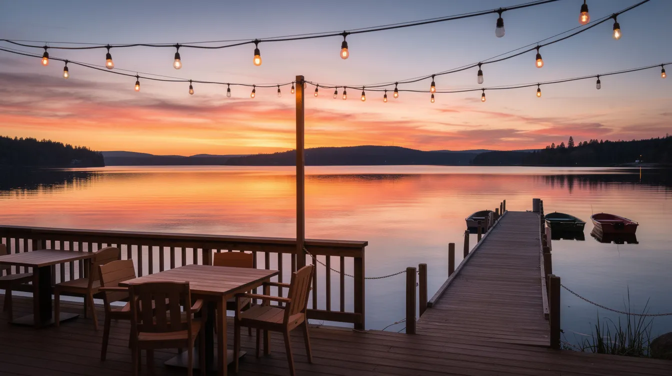 The image depicts a serene sunset casting warm hues over a calm lake, with a wooden restaurant deck adorned with string lights overhead. Small boats are gently moored at a nearby dock, creating an inviting atmosphere perfect for hosting memorable events or private celebrations.