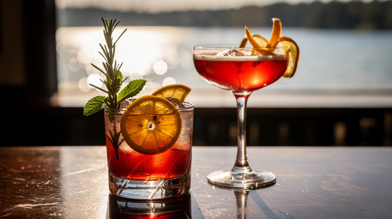 Two beautifully crafted cocktails, garnished with fresh herbs and slices of citrus, are placed on a polished bar top, with a scenic blurred view of a lake in the background, creating an elegant atmosphere perfect for any special occasion or corporate event. This setup highlights the exceptional service and high-quality food that an event catering service can provide to make your next gathering unforgettable.