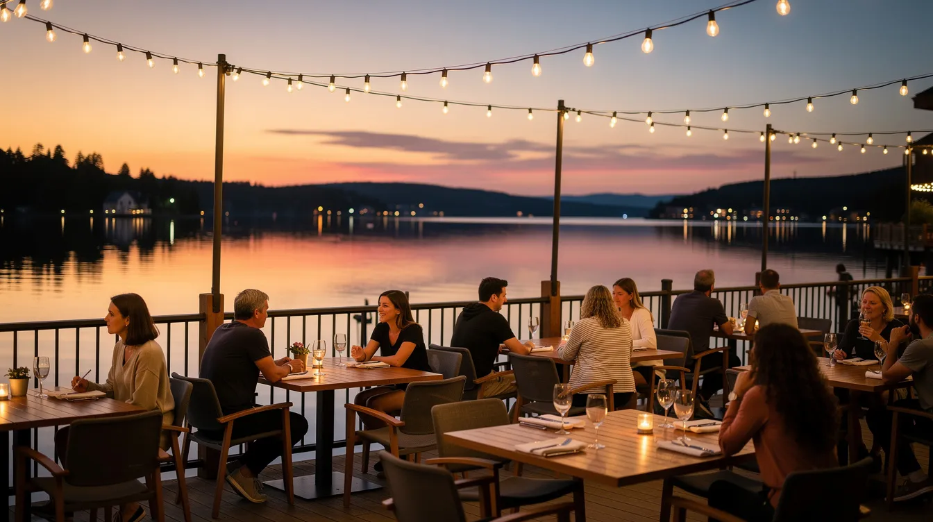 The image depicts a picturesque lakefront restaurant patio at sunset, adorned with charming string lights that create a warm atmosphere. The tranquil water reflects the vibrant colors of the sky, making it a perfect venue for intimate gatherings or memorable events.