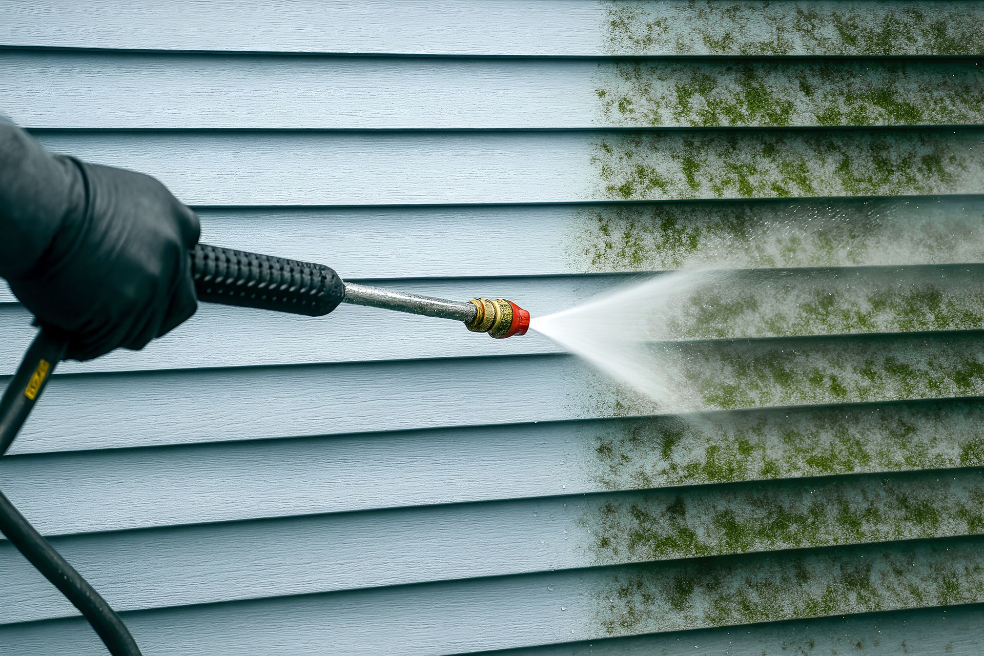 Person pressure-washing green mold off gray vinyl siding with a spray nozzle