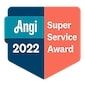 Angi Super Service Award 2022 badge: teal, white, and red, with company name and award title.