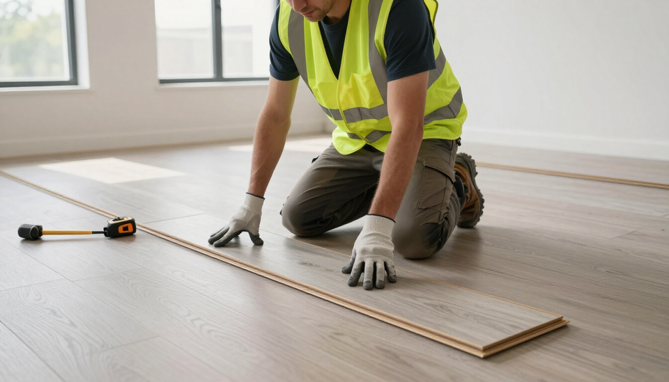 Professional laying laminate flooring using flooring installation service in Brownsville, TX with careful alignment.