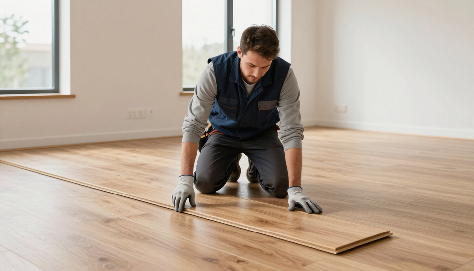 Skilled installer fitting flooring panels through flooring installation service in Brownsville, TX for a flawless finish.