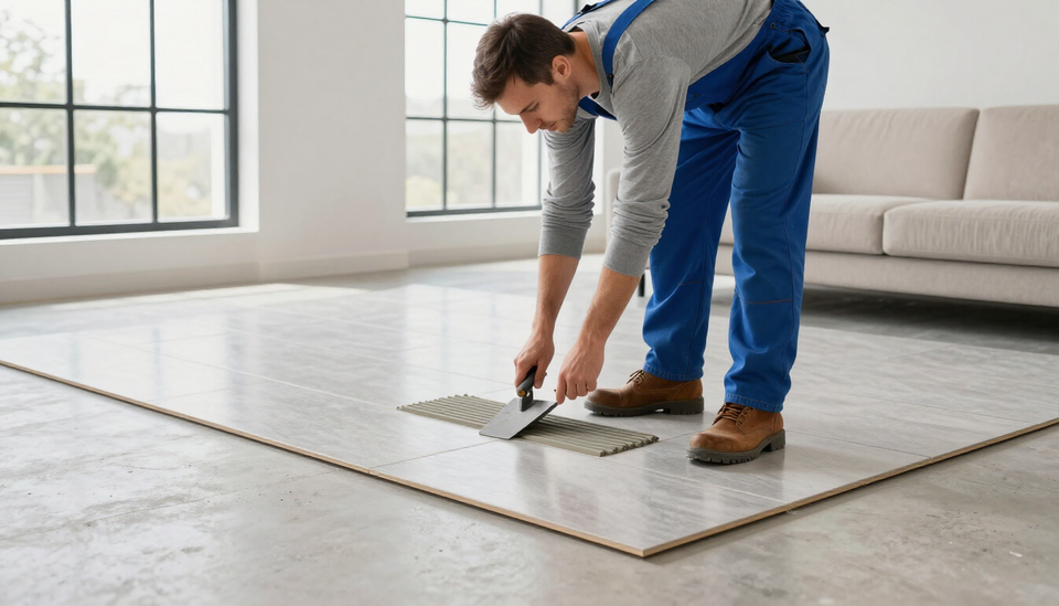 Installer applying tile flooring with expert flooring installation service in Brownsville, TX for residential spaces.