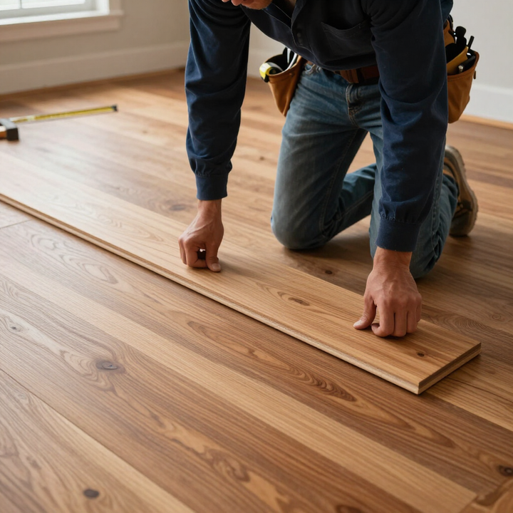 Craftsman installing hardwood planks with flooring installation service in Brownsville, TX for timeless beauty indoors.