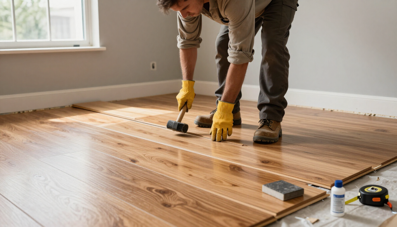 Professional fitting hardwood flooring during flooring installation service in Brownsville, TX with expert precision.