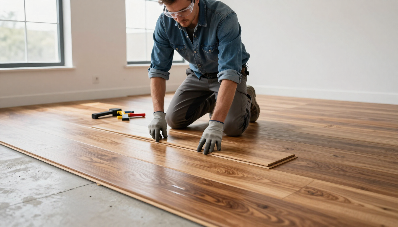 Installer securing hardwood boards using flooring installation service in Brownsville, TX for a seamless appearance.