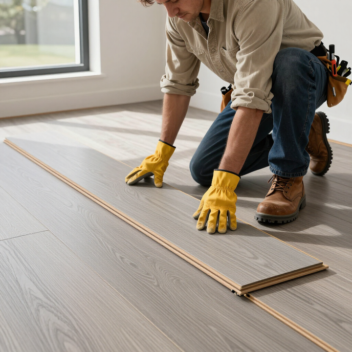 Installer fits vinyl planks over padding during flooring installation service in Brownsville, TX for a neat, secure fit.