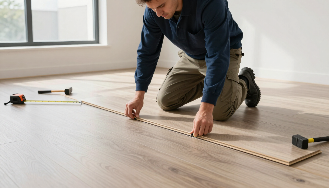 Installer aligns luxury vinyl planks during flooring installation service in Brownsville, TX for a precise, durable fit.