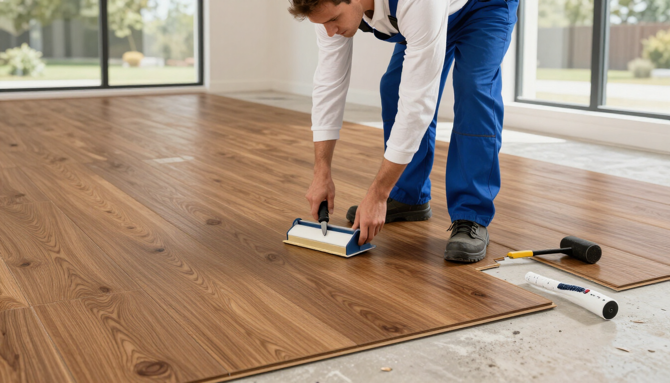 Worker secures wood-look vinyl planks during flooring installation service in Brownsville, TX for a smooth, neat finish.