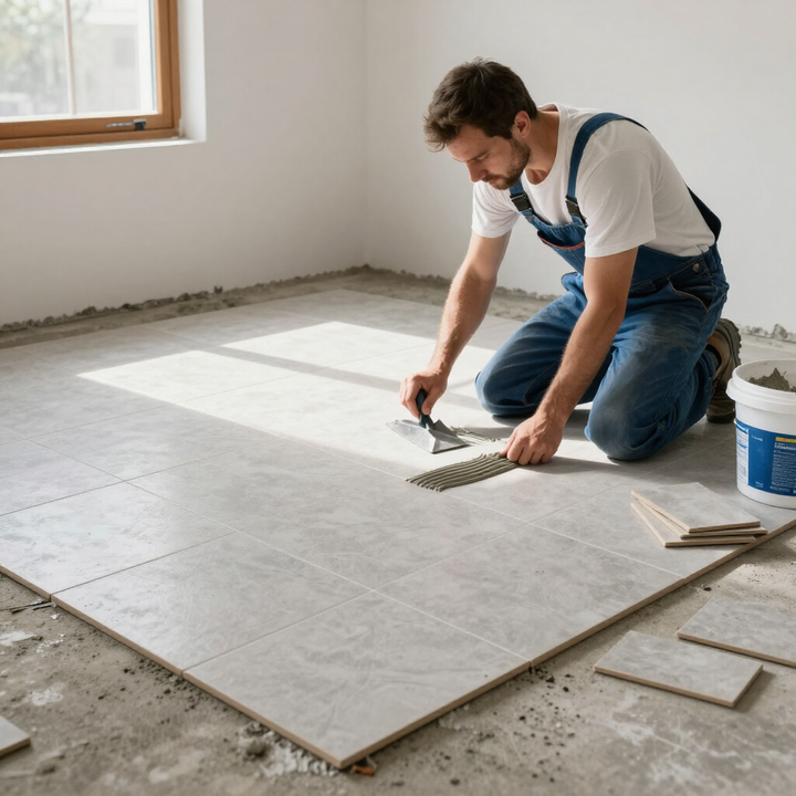 Installer placing ceramic tile with expert flooring installation service in Brownsville, TX for a durable finish.