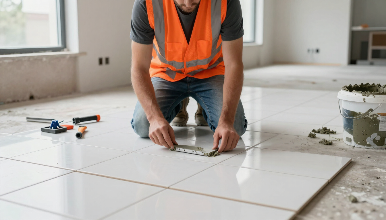 Professional aligning floor tiles during flooring installation service in Brownsville, TX with precise workmanship.
