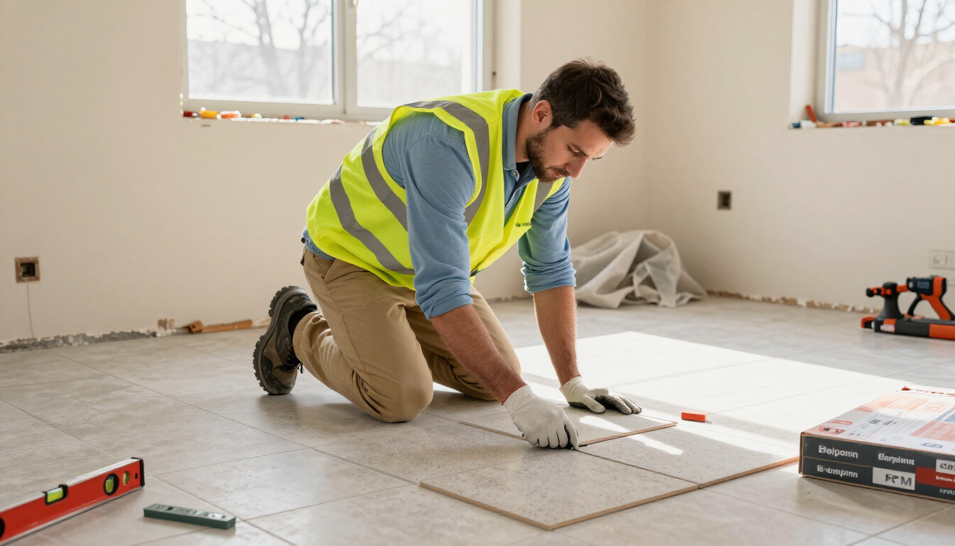 Flooring installer leveling tile through trusted flooring installation service in Brownsville, TX for lasting results.