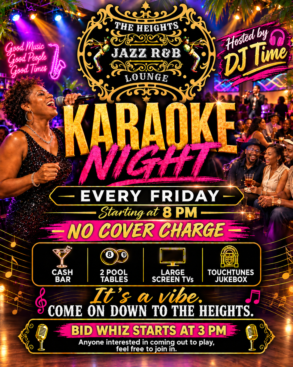 Jazz & Funk Night flyer for The Jazz RB Lounge, Saturday 5:00 PM–12:00 AM, with gold art on black background