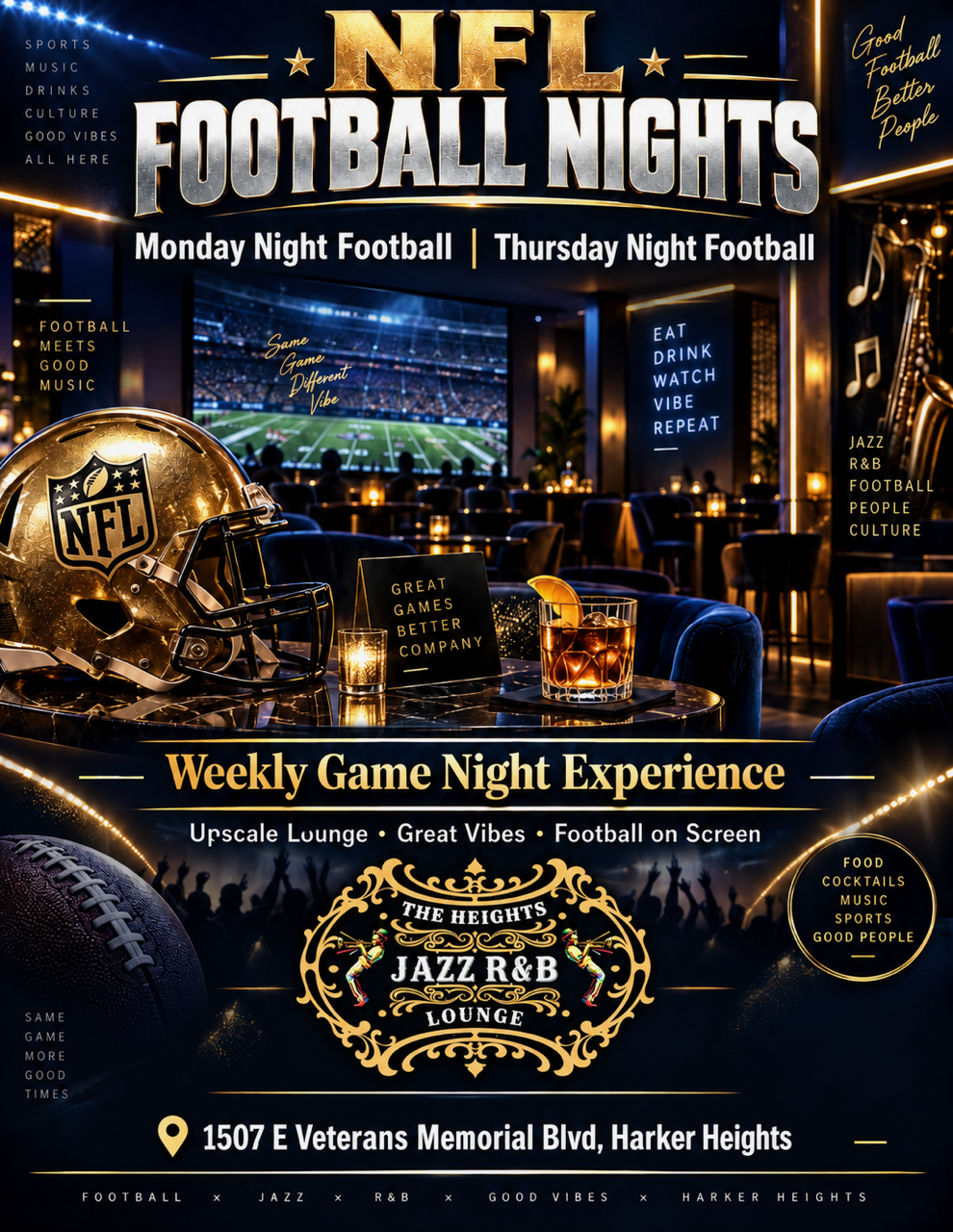 Jazz & Funk Night flyer for The Jazz RB Lounge, Saturday 5:00 PM–12:00 AM, with gold art on black background