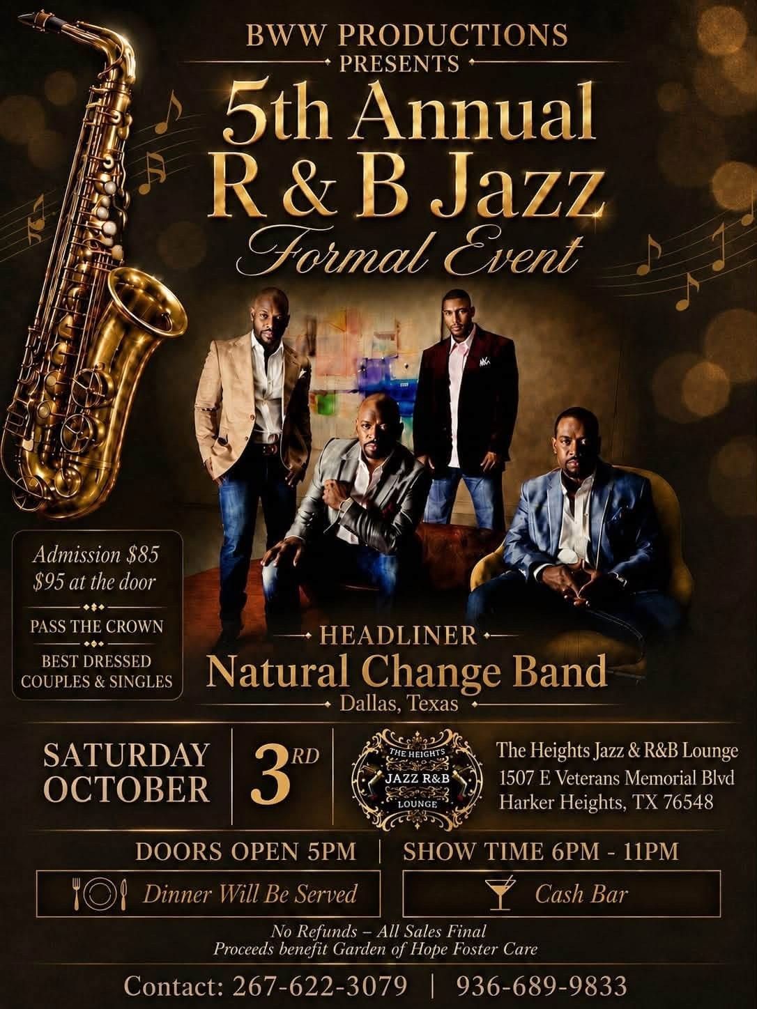Jazz event flyer for the 5th Annual R&B Jazz Social Event, featuring Natural Change Band, Saturday October 3rd.