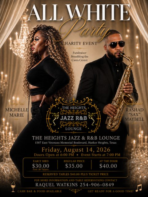 All White Party flyer with a saxophonist and singer, black-gold theme, Friday August 14, 2026.