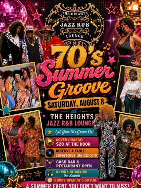 70s Summer Groove concert flyer with disco dancers, gold and pink text, at The Heights Jazz & Blues Lounge
