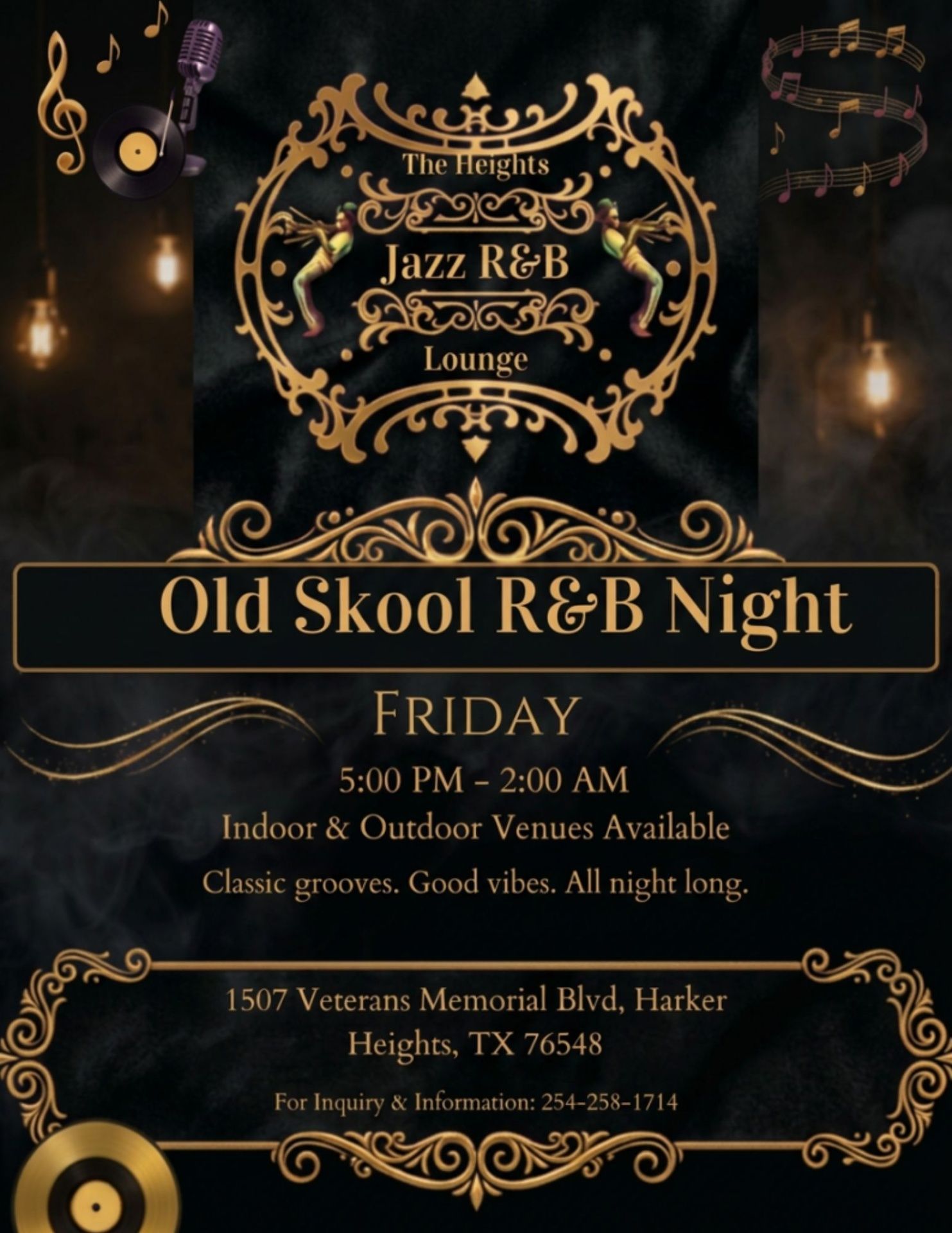 Old Skool R&B Night flyer with black-and-gold ornate design, Friday 5 PM–2 AM at Jazzy R&B Lounge in Harker Heights.