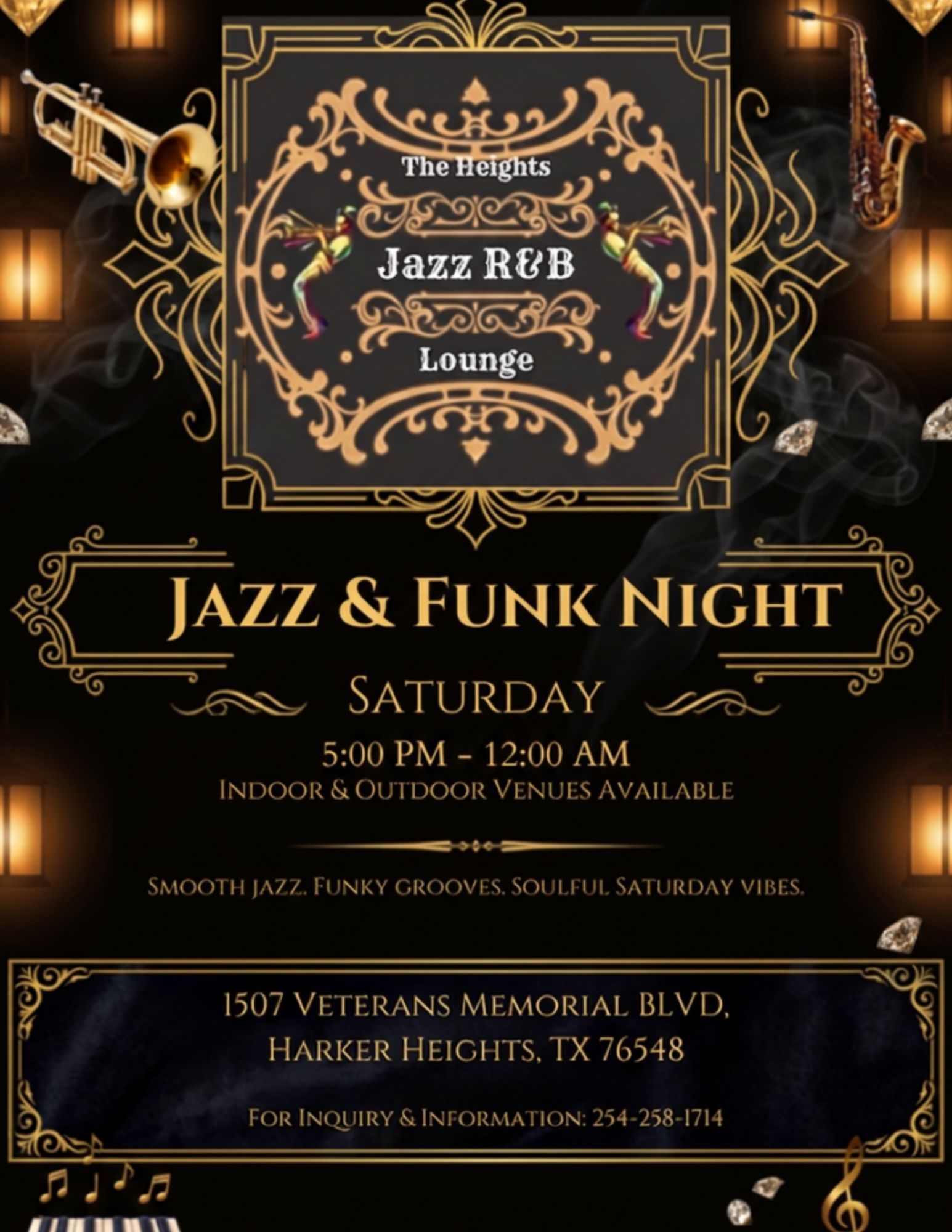 Jazz & Funk Night flyer for The Jazz RB Lounge, Saturday 5:00 PM–12:00 AM, with gold art on black background