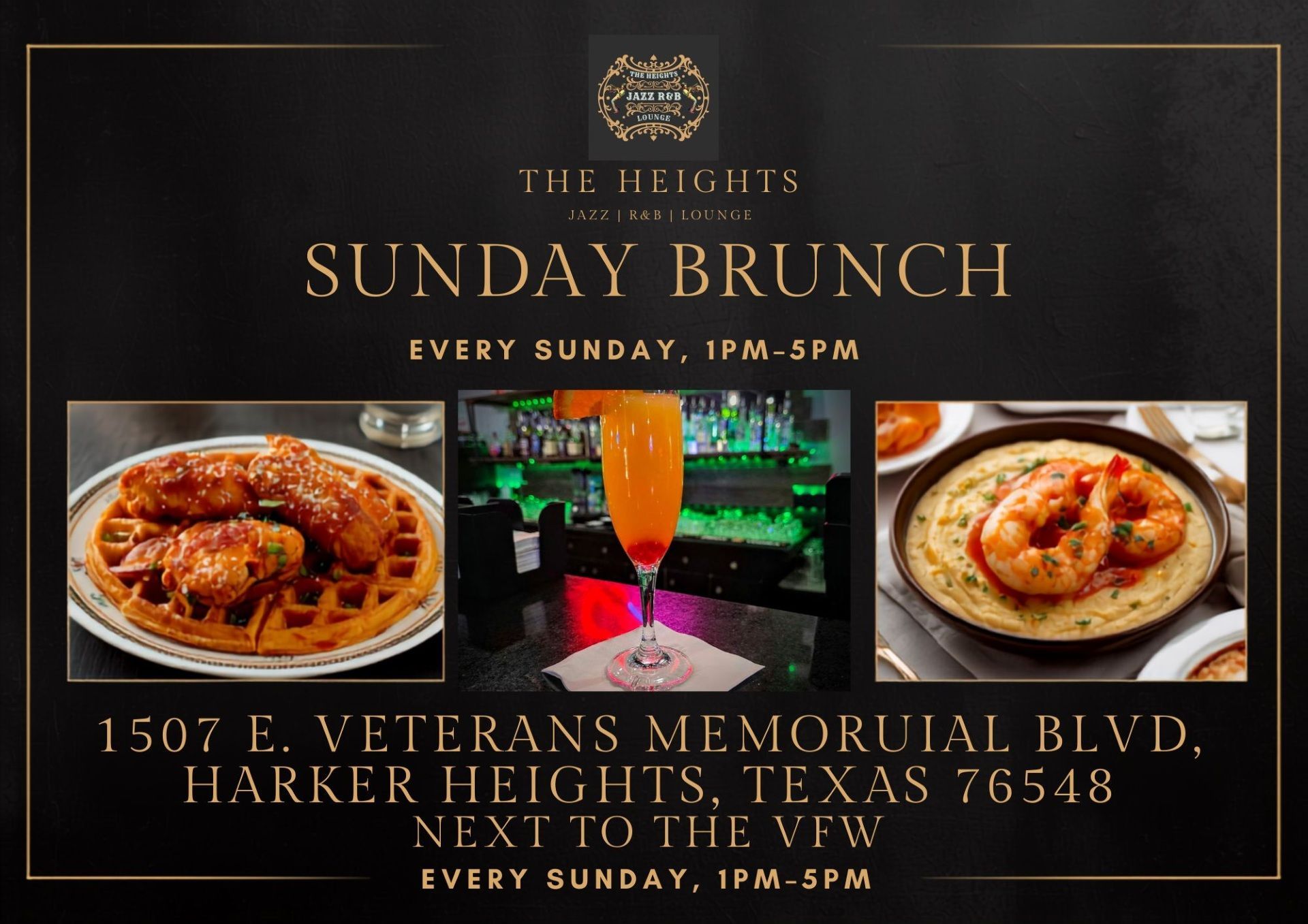 Sunday brunch ad for The Heights, showing food photos and drinks with address and hours.