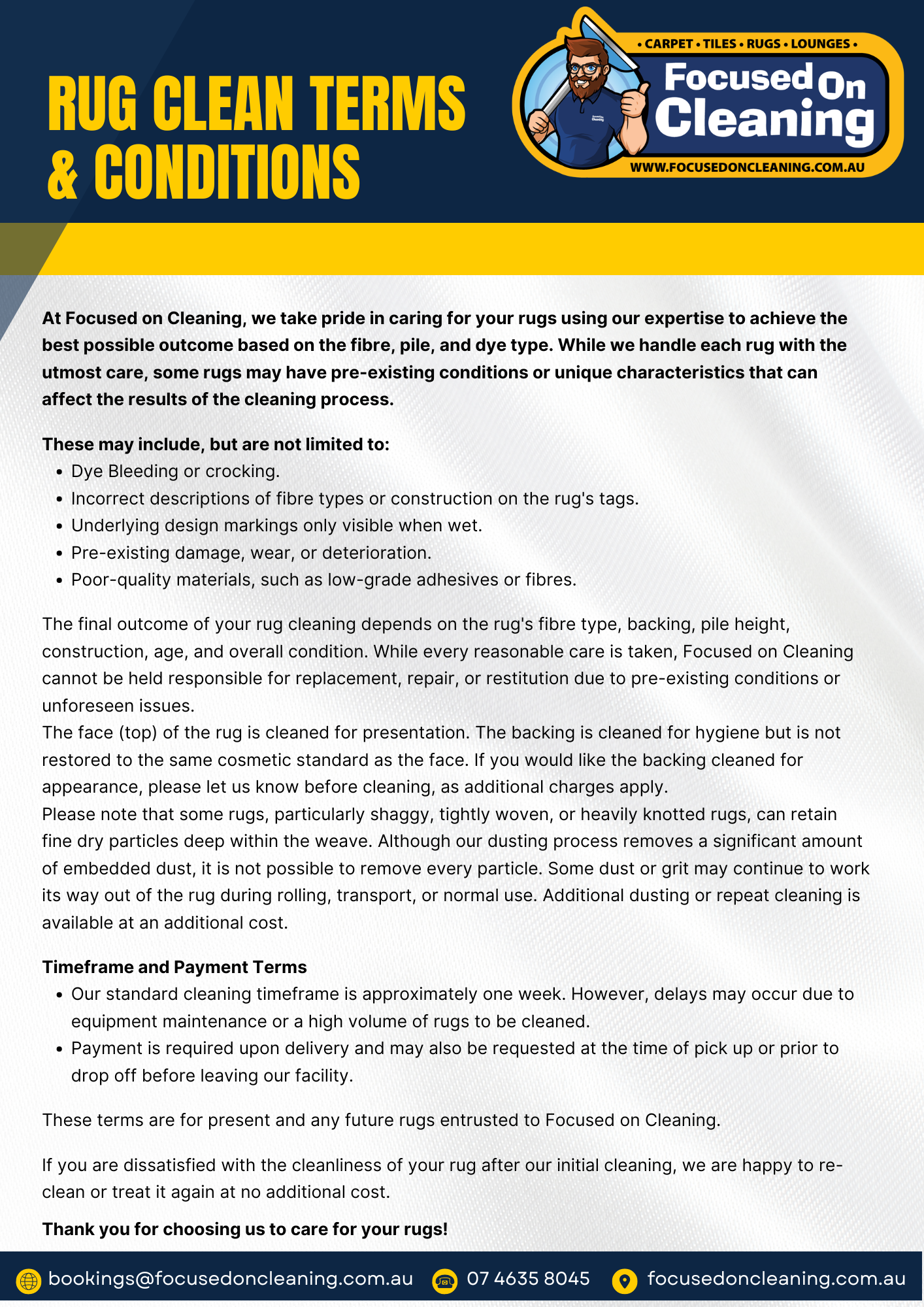 Image of terms and conditions ofr rug cleaning in blue and yellow