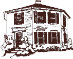 Sketch of a two-story house with dark shutters and bushes in front