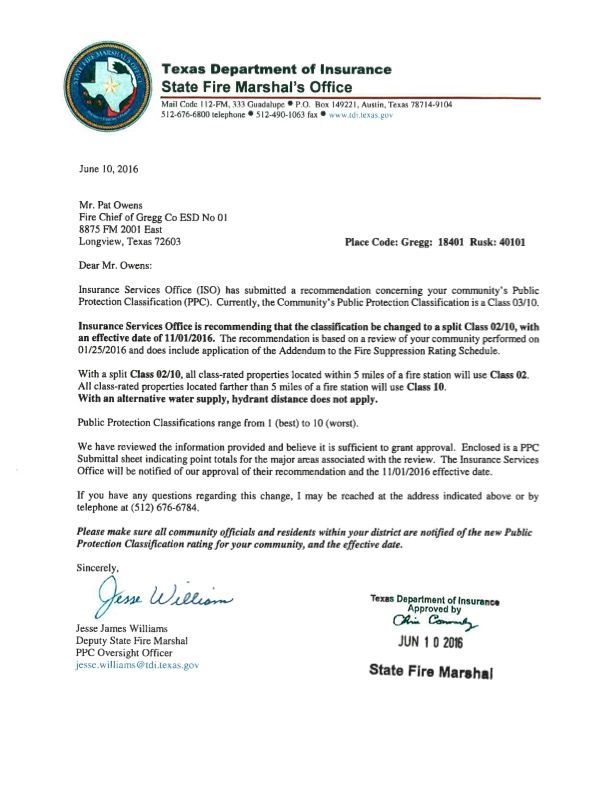 A letter from the Texas department of insurance state fire marshal 's office.