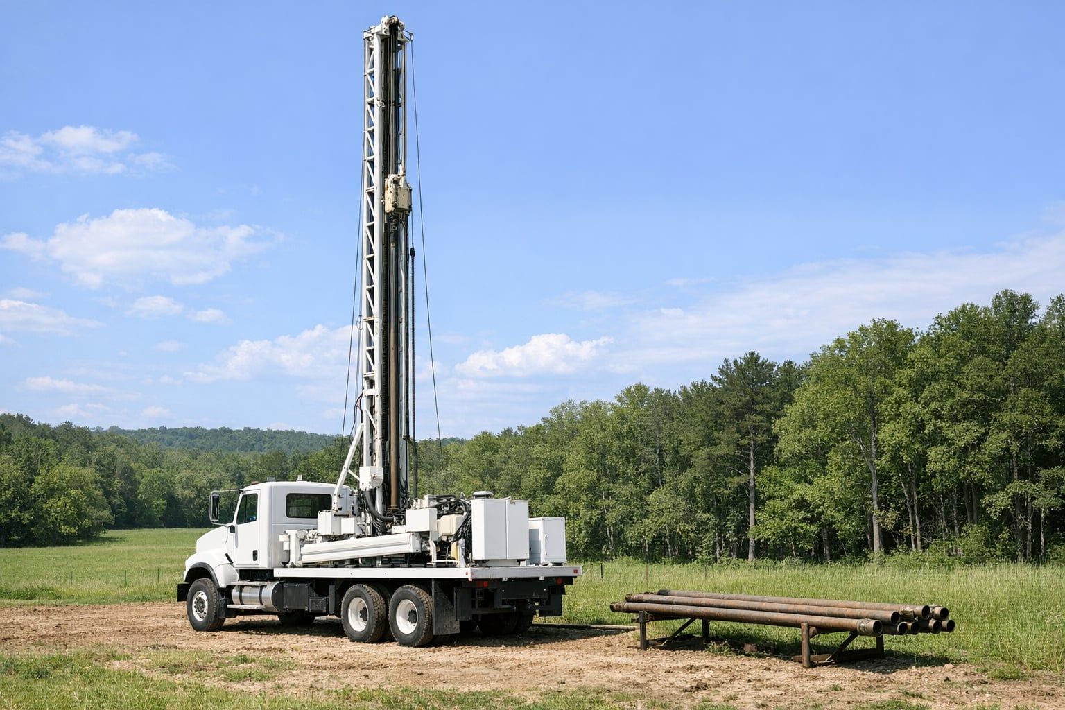 Truck mounted well drilling rig with its mast raised in a rural field beside woods and a rack of drill pipe