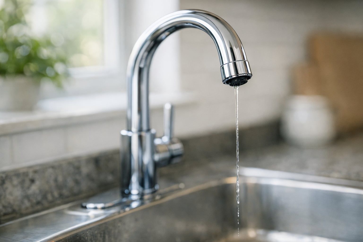 Chrome kitchen faucet letting out only a thin trickle of water into a stainless steel sink