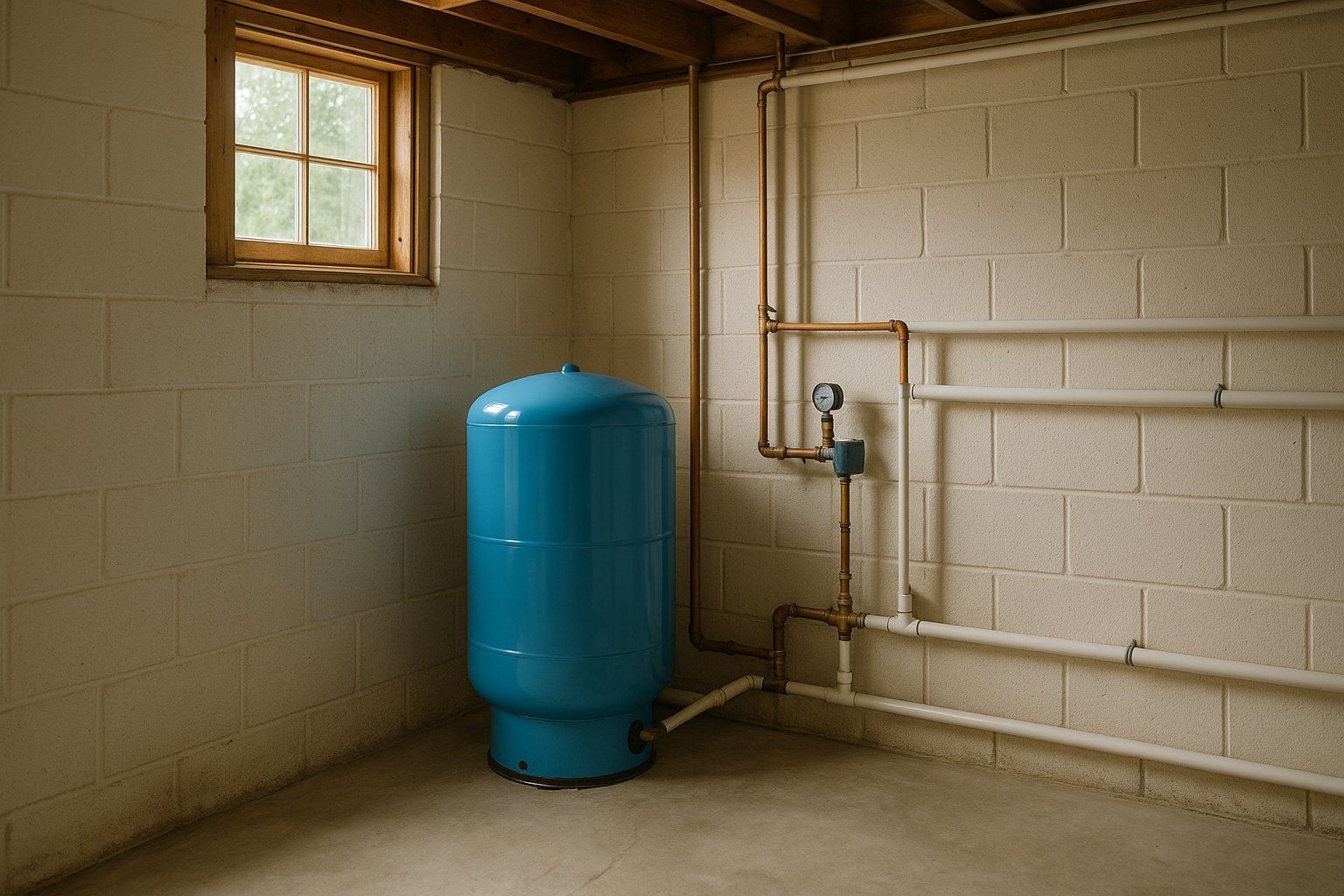 Blue well pressure tank and plumbing in a rural basement utility room